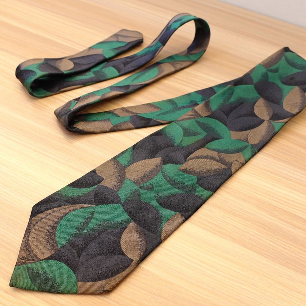 Green Neck Tie Mens LANCEL Paris Brown Abstract Leaf Art Silk Botany Office Suit